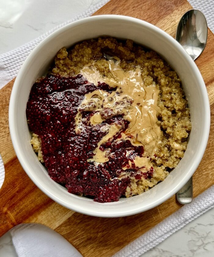Creamy Quinoa Porridge with Cashew Butter and Blackberry Chia Jam