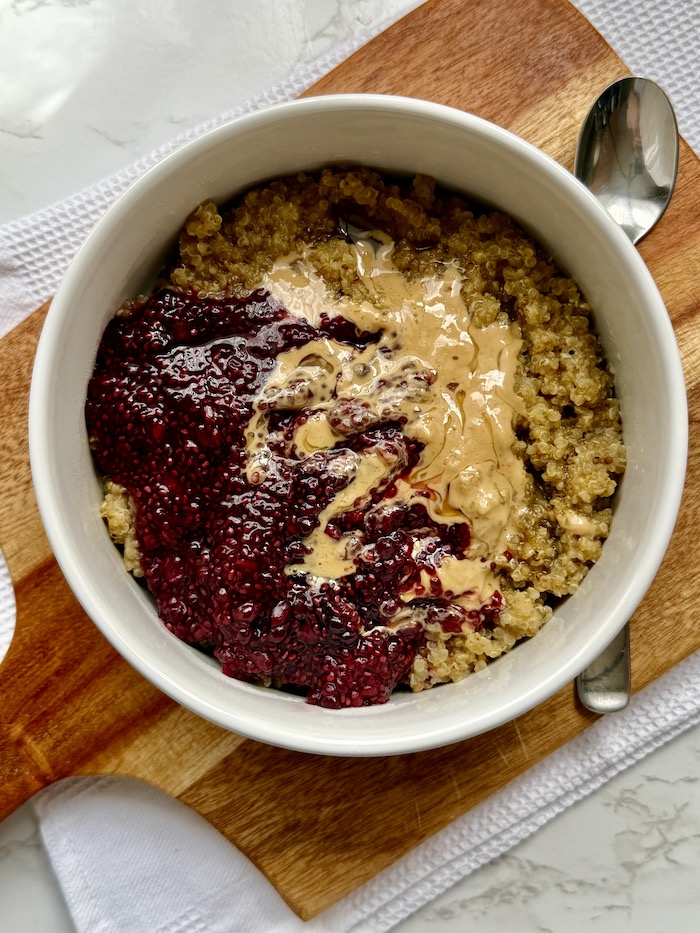 Creamy Quinoa Porridge with Cashew Butter and Blackberry Chia Jam