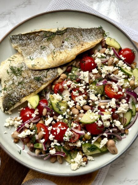 Pan-Fried Sea Bass with Mediterranean Legume Salad with Feta and Dill