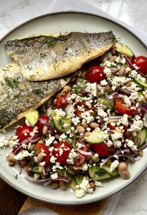 Pan-Fried Sea Bass with Mediterranean Legume Salad with Feta and Dill