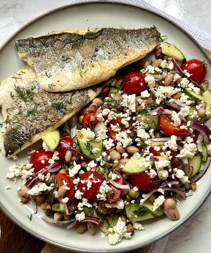 Pan-Fried Sea Bass with Mediterranean Legume Salad with Feta and Dill