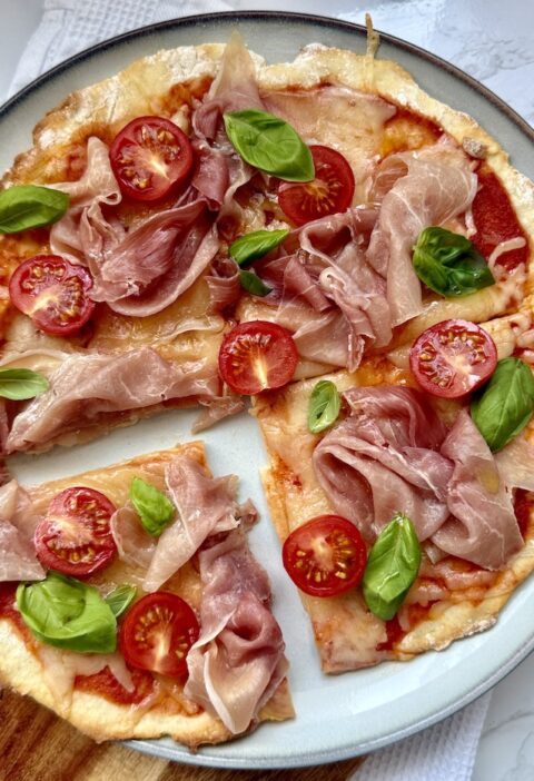 Easy Greek Yoghurt Pizza with Prosciutto, Cherry Tomatoes and Fresh Basil