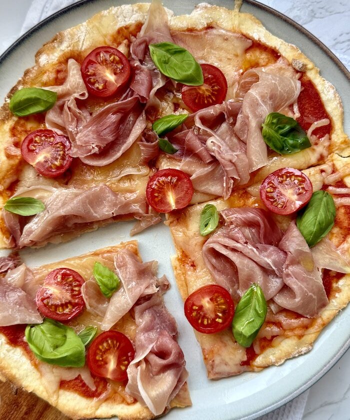 Easy Greek Yoghurt Pizza with Prosciutto, Cherry Tomatoes and Fresh Basil