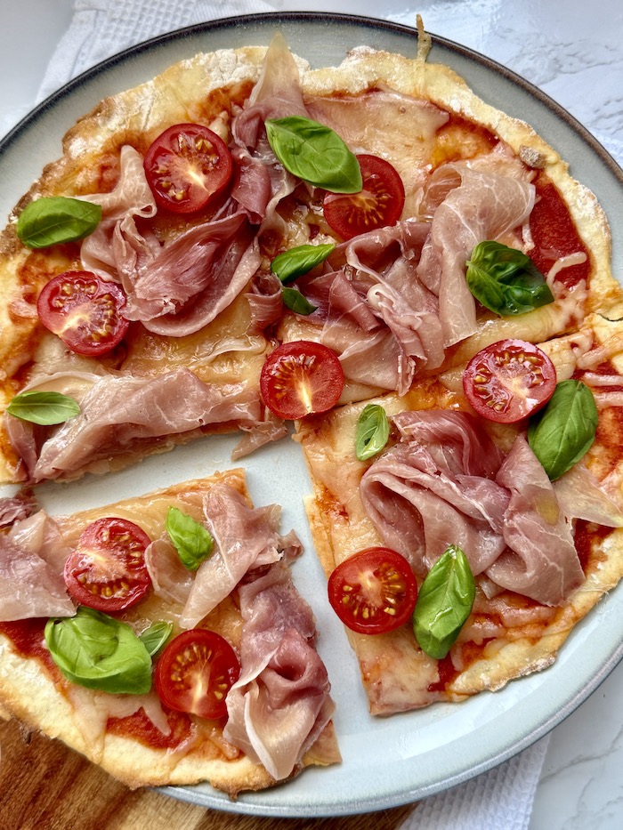 Easy Greek Yoghurt Pizza with Prosciutto, Cherry Tomatoes and Fresh Basil