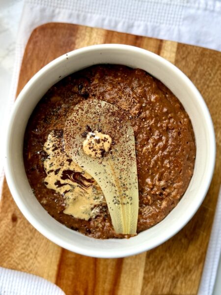 Chocolate Oats with Poached Pear and Cashew Butter