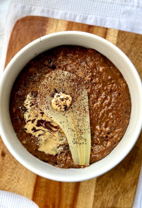 Chocolate Oats with Poached Pear and Cashew Butter