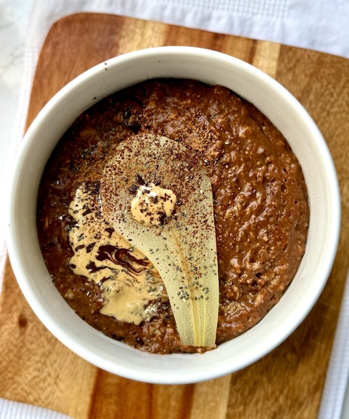 Chocolate Oats with Poached Pear and Cashew Butter