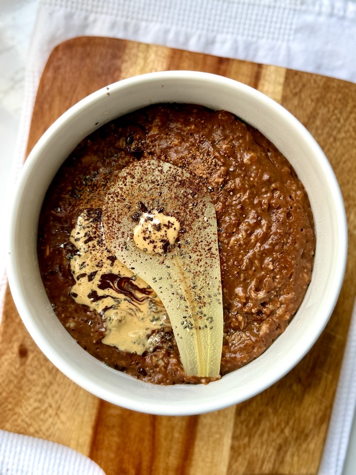 Chocolate Oats with Poached Pear and Cashew Butter