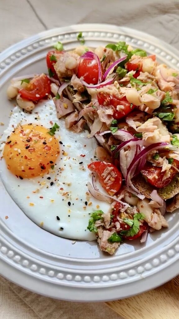 Tuna and Cannellini Bean Toast on Rye Bread with Lemon Mustard Dressing