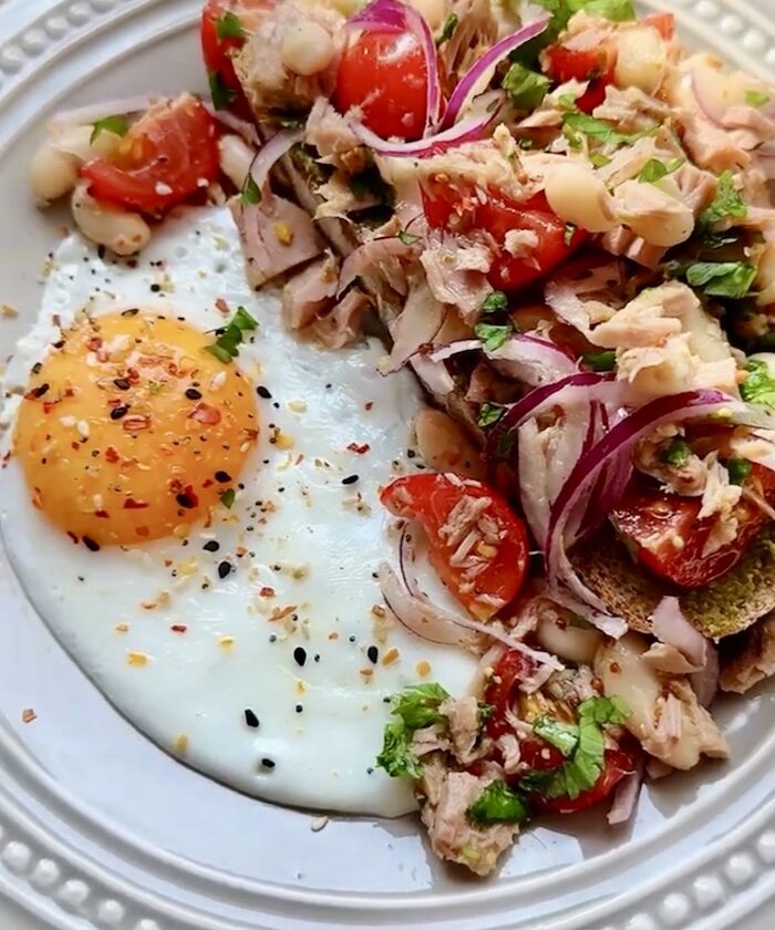 Tuna and Cannellini Bean Toast on Rye Bread with Lemon Mustard Dressing